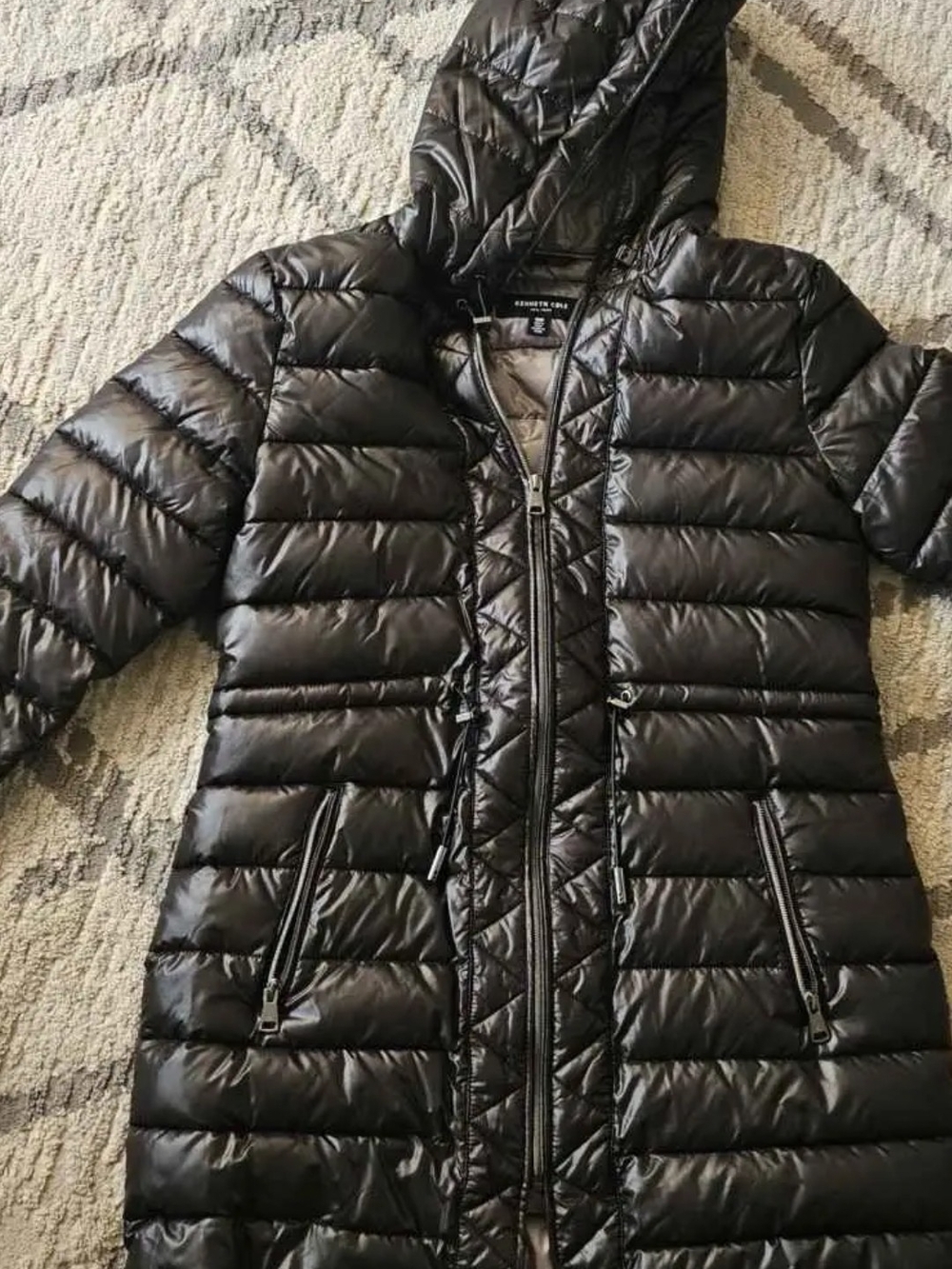 Kenneth Cole Black Quilted Long Hooded Puffer Coat